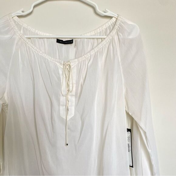 Elie Tahari White Long Sleeve Peasant Workwear Blouse Tie Front Size Large NWT - Picture 2 of 8